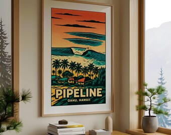 パイプラインサーフポスター、オアフ島ハワイのウェーブアート、ポップ