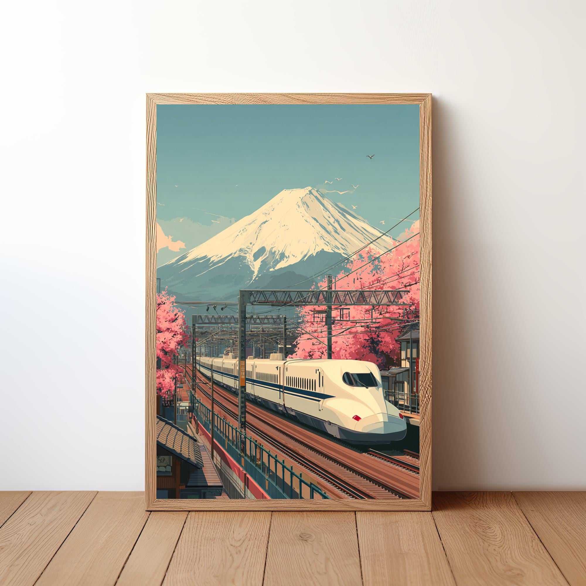 日本の新幹線ポスター、モダンな新幹線ウォールアート、富士山の風景画