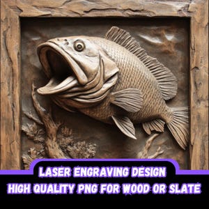 May include: A laser engraving design of a detailed wooden fish with an open mouth. The fish is carved in a realistic style and appears to be leaping out of the water. The design is suitable for wood or slate.