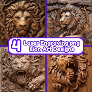 Paquete de leones: 4 archivos PNG con ilusión 3D grabados con láser en madera: diseño de arte de pared con láser 3D listo para usar de LightBurn
