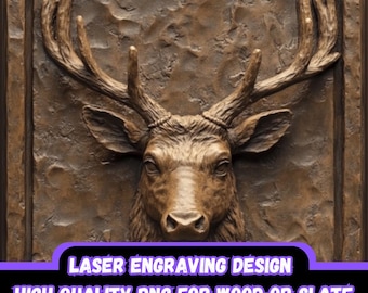 May include: A laser engraving design featuring a detailed image of a deer head with antlers. The image is in a brown color and is suitable for wood or slate.