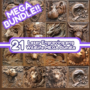Wildlife Mega Bundle! - 21 Wood Laser Engraving 3D Illusion PNG Files - LightBurn Ready-to-Use 3D Laser Wall Art Design