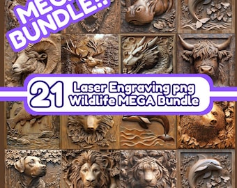 May include: A collection of 21 laser engraving PNG images featuring wildlife, including a lion, tiger, bear, dolphin, fish, and more. The images are perfect for creating custom projects, such as wood carvings, laser-cut designs, and more.