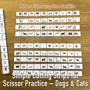 May include: A set of printable cutting strips featuring images of dogs and cats. The strips are designed for scissor practice and are labeled "Simple Cutting Strips for Scissor Practice - Dogs & Cats".