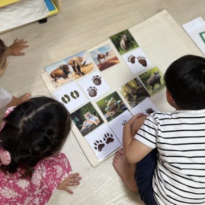 May include: Two children are playing a matching game with cards featuring animal footprints and pictures of animals. The cards are laid out on a white surface. The children are looking at the cards and trying to match the footprints to the animals.