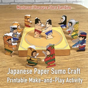 Könnte beinhalten: Ein japanisches Papier-Sumo-Bastelset mit druckbarer Spiel- und Spielaktivität. Das Set enthält Papierschnitte von Sumo-Ringern und anderen Figuren, die um einen gelben Sumo-Ring angeordnet sind. Der Text ist sichtbar.