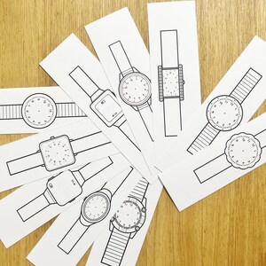 May include: A set of eight printable watch face templates. Each template features a different style of watch face, including analog and digital designs. The templates are printed on white paper and are ready to be cut out and used.
