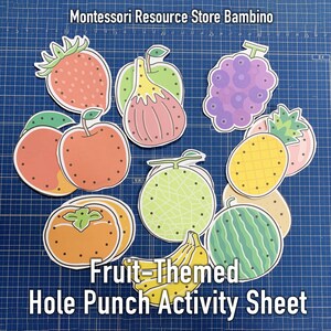 May include: A set of nine printable fruit-themed hole punch activity sheets. The sheets feature various fruits, including a strawberry, apple, fig, grapes, pineapple, cantaloupe, watermelon, orange, and bananas. Each fruit has a dotted outline for hole punching.