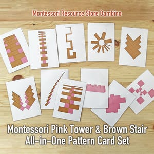 May include: A set of Montessori Pink Tower & Brown Stair All-in-One Pattern Cards. The cards feature geometric patterns in brown and pink on a white background. The text "Montessori Resource Store Bambino" is at the top.