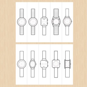 May include: A set of ten black and white line drawings of different styles of wristwatches. The watches have various face designs, including analog, digital, and round.