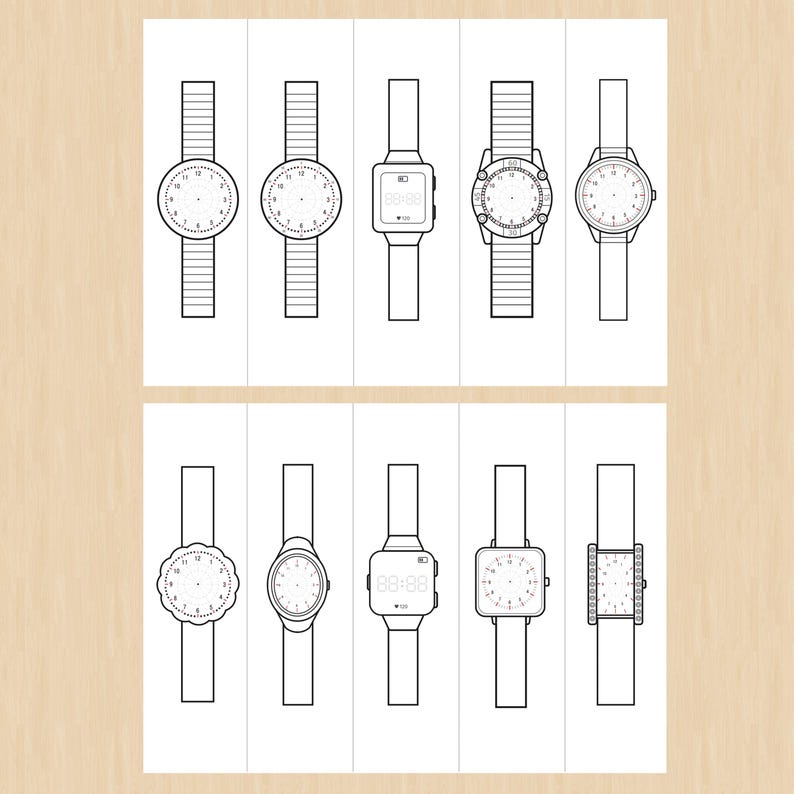 May include: A set of ten black and white line drawings of different styles of wristwatches. The watches have various face designs, including analog, digital, and round.