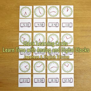 May include: A set of educational cards for learning to tell the time, with both analog and digital clock faces. The cards show times like 5:33, 4:58, 3:42, and 1:01. Text on the cards reads "Clock Learning Cards" and "Learn Time with Analog and Digital Clocks".
