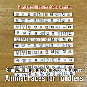 May include: A set of printable cutting strips featuring various animal faces, including a bear, deer, chicken, fox, koala, sheep, horse, rabbit, mouse, and panda. The strips are labeled "Simple Cutting Strips for Scissor Practice Animal Faces for Toddlers".