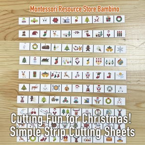 May include: Christmas-themed strip cutting sheets with various festive illustrations, including Santa, ornaments, and wreaths. The sheets are labeled "Montessori Resource Store Bambino" and "Cutting Fun for Christmas! Simple Strip Cutting Sheets."