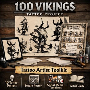 Könnte beinhalten: Werbung für ein Tattoo-Künstler-Toolkit mit dem Text "100 Vikings Tattoo Project". Das Bild enthält Tattoo-Designs, ein Studio-Poster, Social-Media-Vorlagen und einen Künstler-Leitfaden. Die Kunstwerke zeigen Wikingerkrieger.