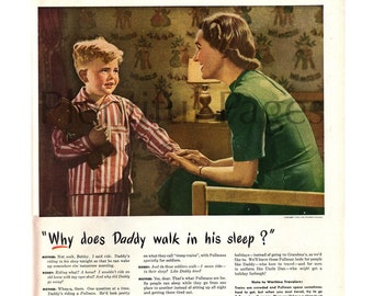 1943 Pullman Train Vintage Ad, 1940's Mother, 1940's Bedroom, Teddy Bear, 1940's Travel, Retro Decor, Advertising Art, 1940's Travel.