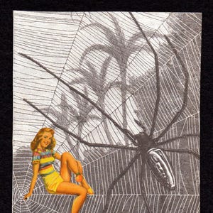 Original Collage Kunst, „Caught“, Handgemachte, Ungerahmte Papier Collage, Wand Kunst, Vintage Papiere, Sptder Web, Großartig zum Einrahmen.