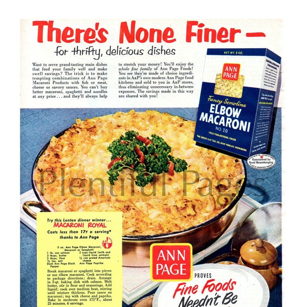 1951 A&P Vintage Ad, Advertising Art, Elbow Macaroni, Ann Page, 1950's Cooking, Macaroni Royal, 1950's Dinner, Great for Framing.
