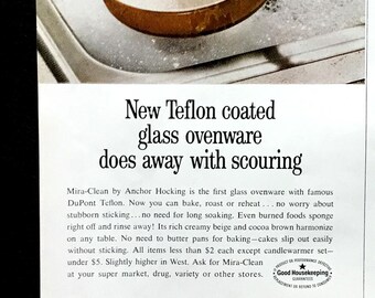 May include: Vintage advertisement for Anchor Hocking Mira-Clean ovenware. The image shows a beige and brown oval casserole dish being cleaned with a blue sponge. The ad text highlights the Teflon coating and ease of cleaning.