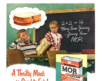 Wilson's Mor Meat Vintage Ad de 1950, School Kids de 1950, Arte publicitario, Cocina de 1950, Aula de 1950, Sándwich, Ideal para enmarcar.