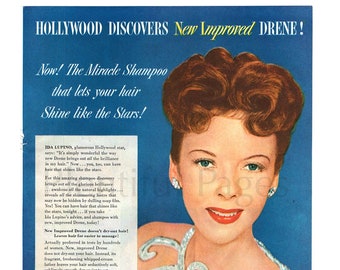 May include: A vintage advertisement for Drene Shampoo featuring actress Ida Lupino. The ad claims that Drene is a miracle shampoo that lets your hair shine like the stars. The ad also highlights that Drene leaves hair easier to manage, does not dry out hair, and removes dandruff. The ad features two bottles of Drene Shampoo, one blue and one purple, with the text "Drene Shampoo" on the bottles.