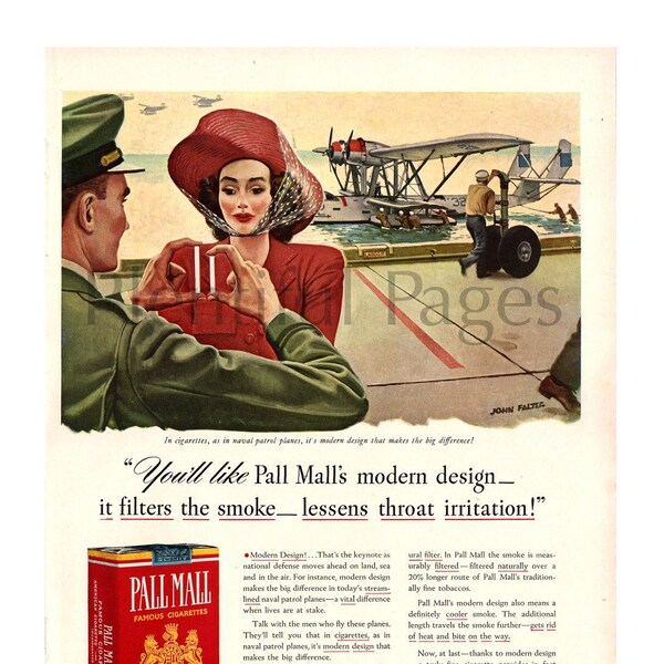 1941 Pall Mall Cigarettes Vintage Ad, WWII Ad, 1940's Fashion, 1940's Military, Advertising Art, Vintage Illustration, Artist John Falter.