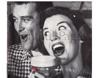 May include: A black and white vintage advertisement for Carling Red Cap Ale. The ad features a man and a woman looking surprised and excited while holding a glass of beer. The text reads "Carling Red Cap Ale. The best brews in the world come from Carling. Brewers of: Red Cap Ale, Black Label Beer, Stag Beer."