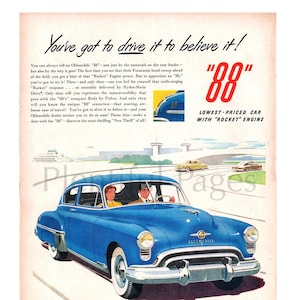 1949 Oldsmobile Vintage Ad, 1940&#39;s Couple, Oldsmobile 88, Advertising Art, Magazine Ad, Retro Car Ad, Great to Frame.