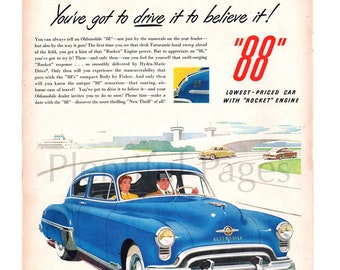 1949 Oldsmobile Vintage Ad, 1940's Couple, Oldsmobile 88, Advertising Art, Magazine Ad, Retro Car Ad, Great to Frame.
