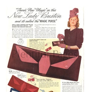 1941 Lady Buxton Billfold Vintage Anzeige, "Magic Portemonnaie", 1940er Jahre Mode, Retro Mode, Werbekunst, 1940er Jahre Portemonnaie, Retro Lederwaren.