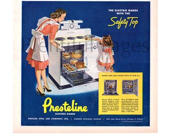 1947 Presteline Electric Range Vintage Ad, 1940's Housewife, 1940's Kitchen, Advertising Art, 1940's Stove, Retro Kitchen, Great for Framing