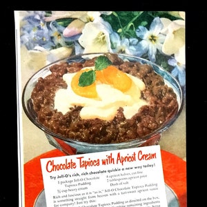 1950er Jahre Jell-O Puddings Vintage Ad, Werbekunst, Magazin-Werbung, Tapioka, Retro-Werbung, Dessert, großartig zum Einrahmen.