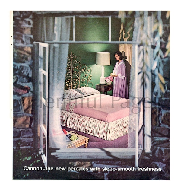 1962 Cannon Sheets Vintage Ad, Combspun Percales, 1960's Bedroom, Magazine Ad, Advertising Art, Bed Sheets, Great for Framing.