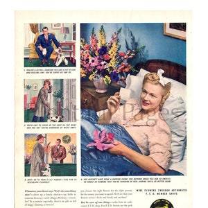 Peut inclure: Une publicité vintage pour un service de livraison de fleurs. La publicité présente une femme dans un lit d'hôpital recevant des fleurs et un homme dans un magasin de fleurs. Le texte dit "Quand votre cœur dit souvenez-vous - Dites-le avec des fleurs".