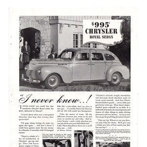 1940 Chrysler Royal Sedan Vintage Ad, Advertising Art, Magazine Ad, 1940&#39;s Chrysler, Advertisement, Great to Frame.