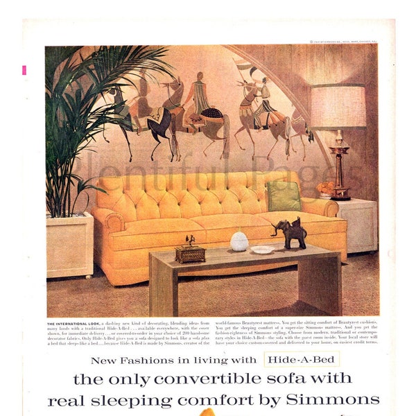 1960 Simmons Hide-A-Bed Vintage Ad, Advertising Art, 1960's Decor, Magazine Ad, 1960's Couch, Advertisement, Great to Frame.