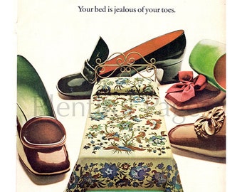 May include: A vintage advertisement for Bates bedspreads featuring a bed with a floral patterned bedspread and a variety of shoes surrounding it. The text reads "Your bed is jealous of your toes." and "Your bed hopes so. Bates."