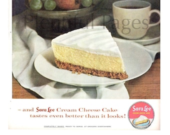 1962 Sara Lee Cream Cheese Cake Vintage Ad, Advertising Art, Cheese Cake, Magazine Ad, Dessert, Great for Framing.