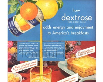 1948 Dextrose Vintage Ad, Advertising Art, 1940's Breakfast, Orange Juice, Buttered Toast, Ideal para enmarcar o collage.