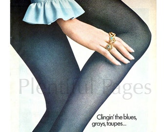 May include: A woman's legs wearing blue, gray, and taupe hosiery. The hosiery is called "Cling-alon" and is available at Sears. The text reads "Clingin' the blues, grays, taupes... Strike out the bland-here comes a brand new kind of leg excitement. Cling-alon in shades and shadows. Hosiery perfect for the swirl of pleats-the return to softness-the higher heel. That hazy hint-of-tint that lets your lovely legs glow through. All made just for Sears, Roebuck and Co. Of a feathery fiber with the will and the way to stre-e-tch and then cling for dear life. No more rumply knees to fret about, no more crumply ankles. And no such thing as thighs that bind. Cling-alon hosiery is precisely proportioned for near-custom fit. Nice lady, don't be sad. Beautiful legs are yours for a song. Buy them by the box-in person or through the catalog-at Sears. Cling-alon hosiery. The fit to be tried. Only at Sears"