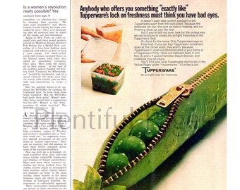 1969 Tupperware Vintage Ad, Advertising Art, Tupperware Party, Snap Peas, Magazine Ad, 1960's Tupperware, Great for Framing or Collage.