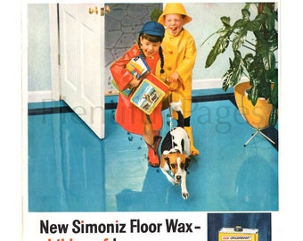 1958 Simoniz Floor Wax Vintage Ad, 1950's Decor, Advertising Art, 1950's Housecleaning, 1950's Kids, Retro Lunchbox, Great for Framing.