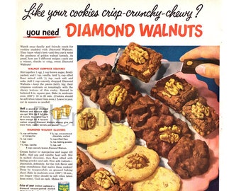 1951 Diamomd Walnuts Vintage Ad, Advertising Art, 1950's Baking, Cookie Recipes, Walnuts, Great for Framing or Collage.