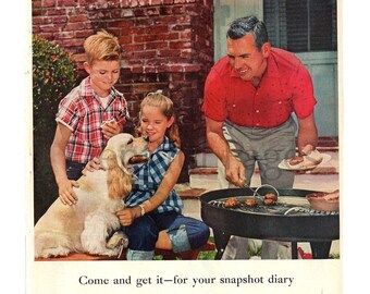 1957 Kodak Vintage Ad, 1950's Family, 1950's Fashion, 1950's Cookout, Advertising Art, Retro Backyard, Vintage Camera, Cocker Spaniel.