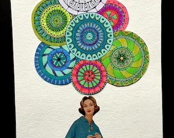May include: A collage featuring colorful, circular mandala designs in shades of blue, green, pink, and yellow. A vintage image of a woman in a blue dress is positioned below the mandalas. The artwork is set against a white background.