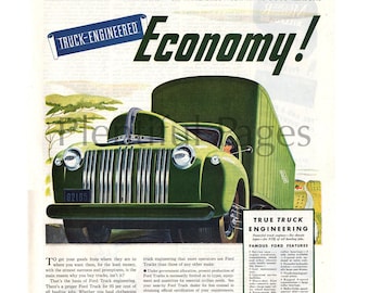 Anuncio de camión Ford de 1945, ilustración de revista vintage