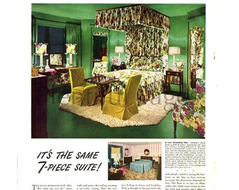 1945 Armstrong's Linoleum Floors Vintage Ad, 1940's Bedroom, Retro Decor, Vintage Bedroom, Advertising Art, Canopy Bed, Floral Bedding.