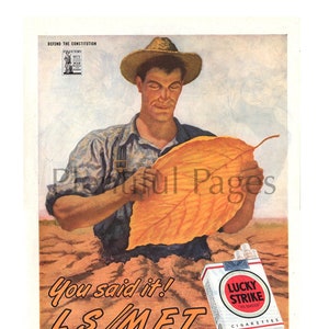 1945 Lucky Strike Vintage Ad, Advertising Art, Magazine Ad, Vintage Illustration, Tobacco Farmer, Advertisement, Great to Frame