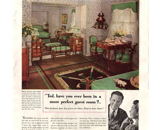 1939 Armstrong Linoleum Floors Vintage Ad, 1930's Decor, 1930's Bedroom, Retro Decor, Advertising Art, 1930's Couple, Vintage Decor.