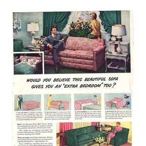 1949 Simmons Hide-A-Bed Vintage Ad, 1940&#39;s Decor, 1940&#39;s Couple, Advertising Art, Retro Decor, 1940&#39;s Living Room, Great for Framing.